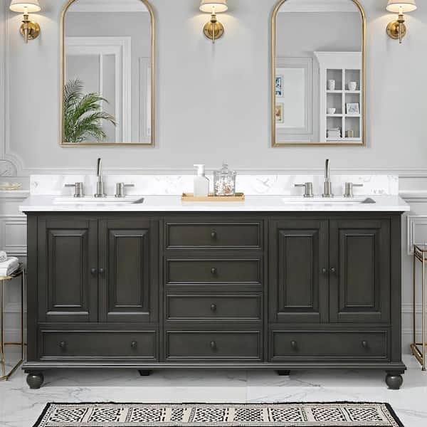 Thompson 73 in. Double Sink Charcoal Glaze Bath Vanity with Cala White Engineered Stone Top
