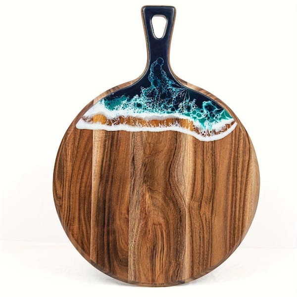 Round Acacia Wood & Resin Charcuterie Board with Handle