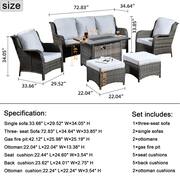 Moonset Gray 6-Piece Wicker Outdoor Patio Rectangular Fire Pit Seating Sofa Set and with Gray Cushions