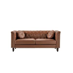 Fogg 75.98 in. Rolled Arm Faux Leather Mid-Century Modern Straight Sofa in Brown