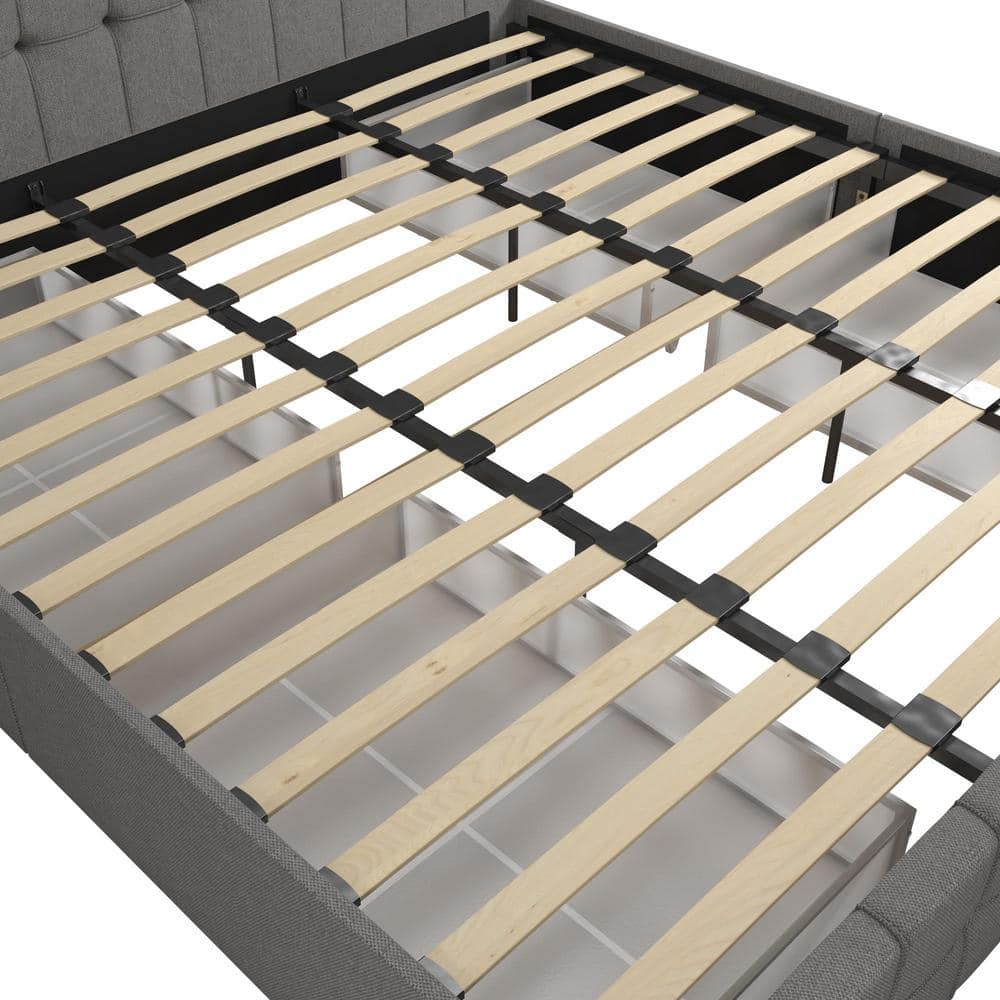 King-Size Gray Linen Upholstered Storage Bed with Tufted Design & 4 Drawers