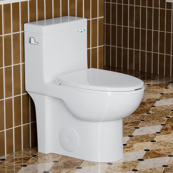 12 in. 1-Piece 1.28 GPF Single Flush Elongated Toilet in Gloss White, Seat Included,Comfort Height