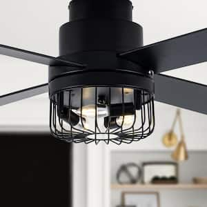 Buccella 52 in. Indoor Matte Black Industrial Modern Ceiling Fan With Lights, 6-Speed Reverisble Ceiling Fan W/Remote