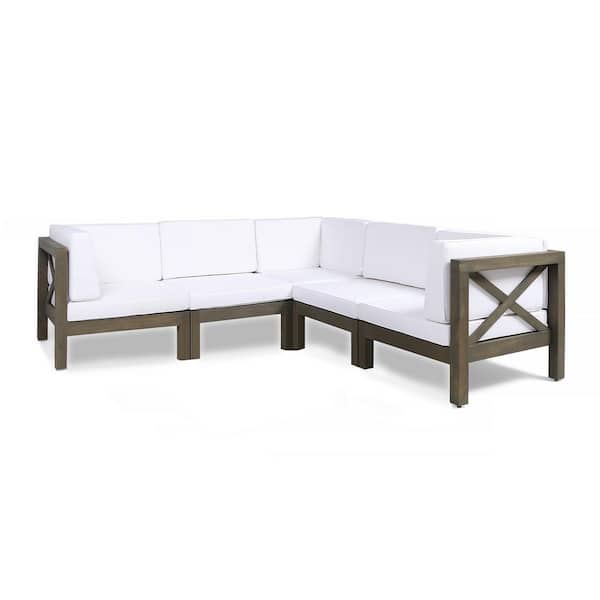 Noble House Brava Grey 5-Piece Wood Outdoor Patio Sectional Set with White Cushions