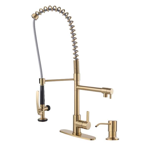 WOWOW Commercial Single-Handle High-Arc Pull Down Sprayer Kitchen Faucet with Soap Dispenser for Restaurant in Brushed Gold