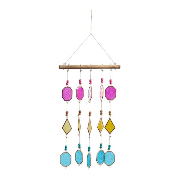 Novogratz 30 in. Multi Colored Metal Geometric Indoor Outdoor Windchime with Stained Glass