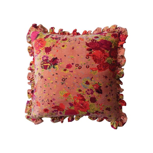 Storied Home Multicolour Polyester 20 in. x 20 in. Cotton Velvet Printed Throw Pillow with Floral Pattern, Chambray Back & Ruffle
