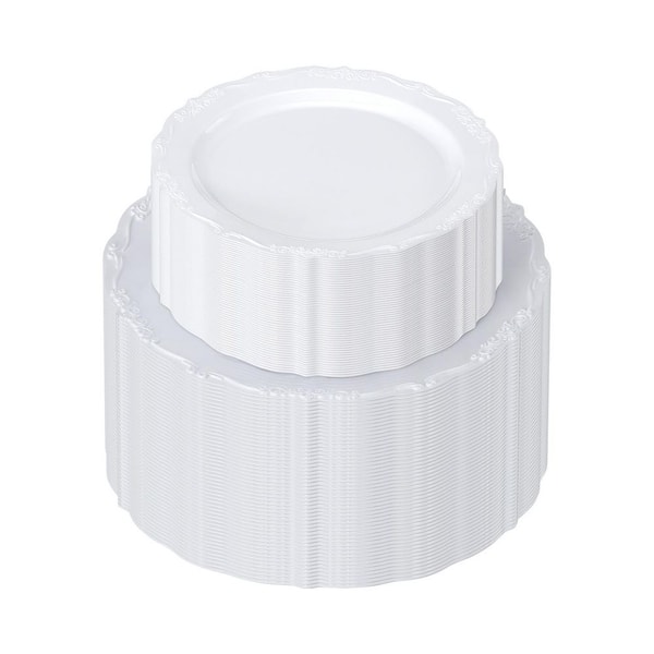 Plastic Disposable Plates 100-Piece White Plastic Plates for Wedding and Party Divided Serving Dishes 2 Compartments
