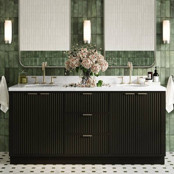 Milan 72 in. W x 21.5 in. D x 36 in. H Double Sink Freestanding Bath Vanity in Black with Carrara White Quartz Top