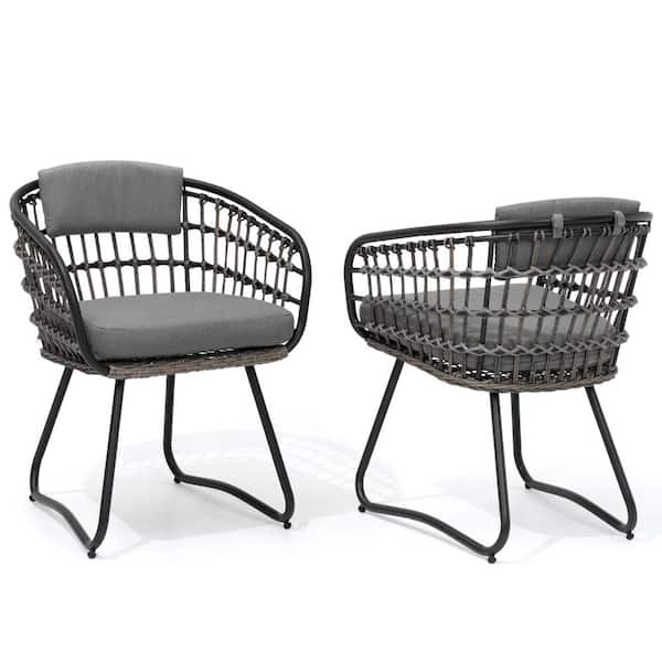 Outdoor Patio Wicker Dining Chairs PE Rattan Seating Set with Cushion in Gray (Set of 2)