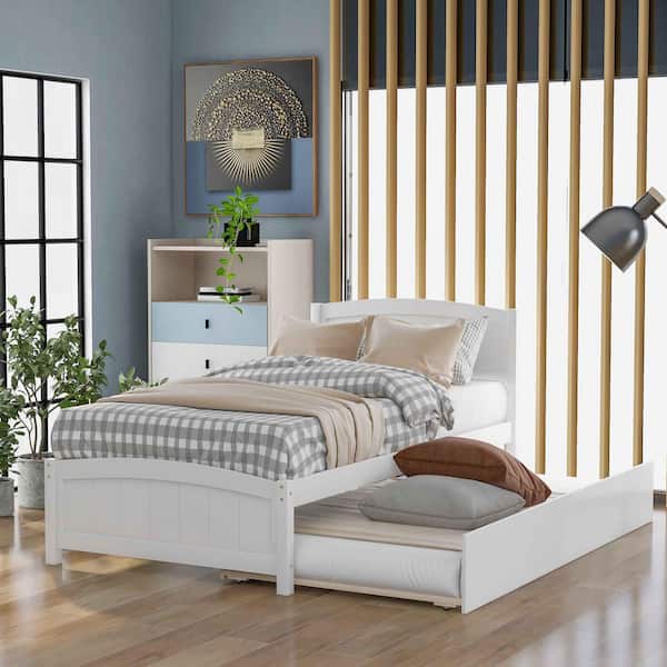 White Wood Frame Twin Platform Bed with Trundle