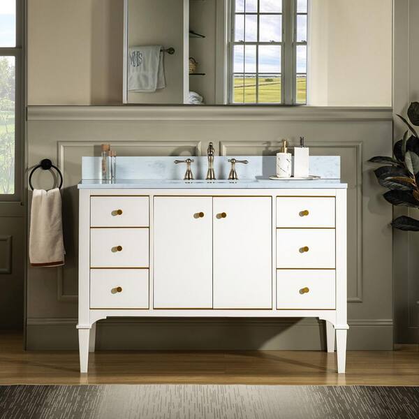 WOODBRIDGE Roma 49 in. W x 22 in. D Bath Vanity in White with Carrara Engineered Stone vanity top with White Basin