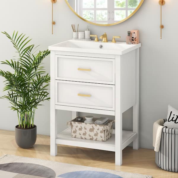 Qualler 24 in. W x 18 in. D x 34.1 in. H Single Sink Freestanding Bath Vanity in White with White Resin Top