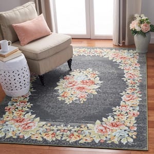 Journey Gray/Pink 4 ft. x 6 ft. Machine Washable Floral Border Area Rug