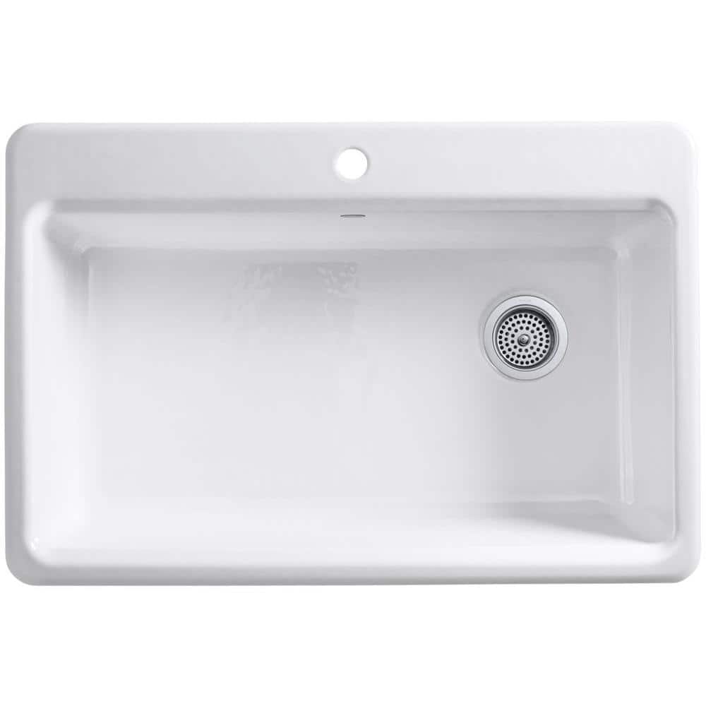 Elegant Riverby 33" White Cast Iron Single-Bowl Kitchen Sink with Accessories