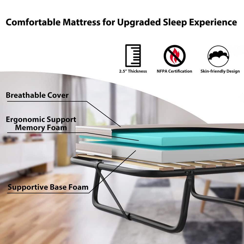 Twin Black Metal Folding Bed with Memory Foam Mattress