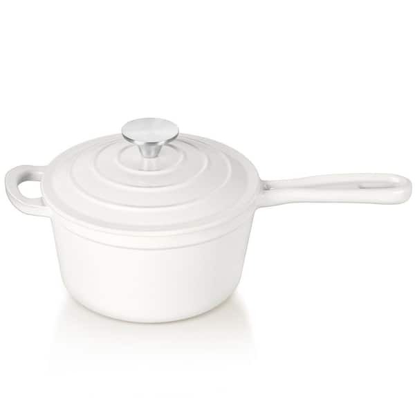 1 qt. Enameled Cast Iron Nonstick Saucepan with Lid, White, Oven Safe, Induction Compatible, Single Piece