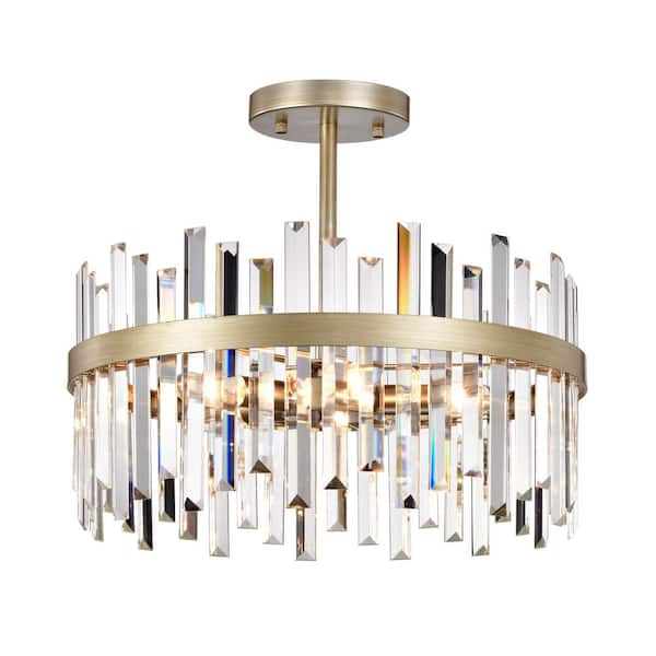 Jojospring Celina 18.5 in. 5-Light Brushed Silver-Ish Champagne Drum Crystal Glass Semi- Flush Mount with No Bulbs Included