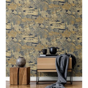 56 sq. ft. Navy Blue & Mustard Tory Garden Paper Unpasted Wallpaper Roll