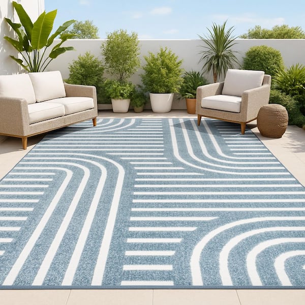 Anders High-Low MidCentury Modern Arch Stripe 2-Tone Navy/Cream 8 ft. x 10 ft. Indoor/Outdoor Area Rug