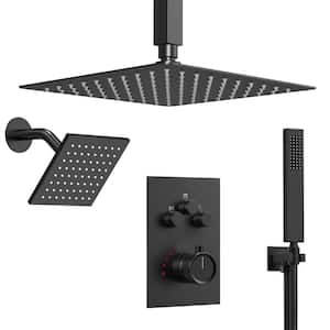 Triple-Button 7-Spray Rain Square 12 and 6 in. Dual Shower Head Fixed and Handheld Shower Head in Black(Valve Included)