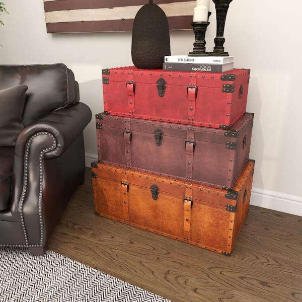 Litton Lane Brown Wood Rustic Trunk (Set of 3) 56670 - The Home Depot