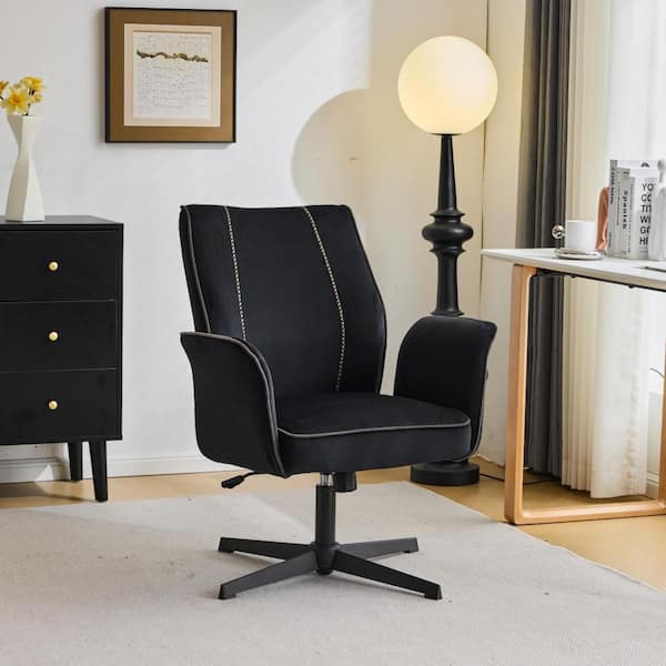 Velvet Fabric Swivel Adjustable Height Task Chair in Black with Spread Arms