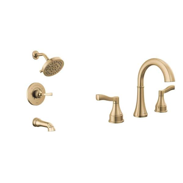 Faryn Gold Tub and Shower 5-Spray Faucet (Valve Included) and 8 in. Widespread Bathroom Faucet Combo