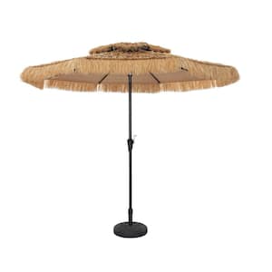 9 ft. Outdoor Double Layer Hawaiian Style Market Umbrella in Brown with Base and Crank Tilt