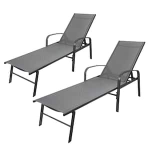 2 Pieces Gray Steel Outdoor Lounge Chair Patio Lounge with 5-Adjustable Positions and Pillow for Outside Lawn Yard Patio