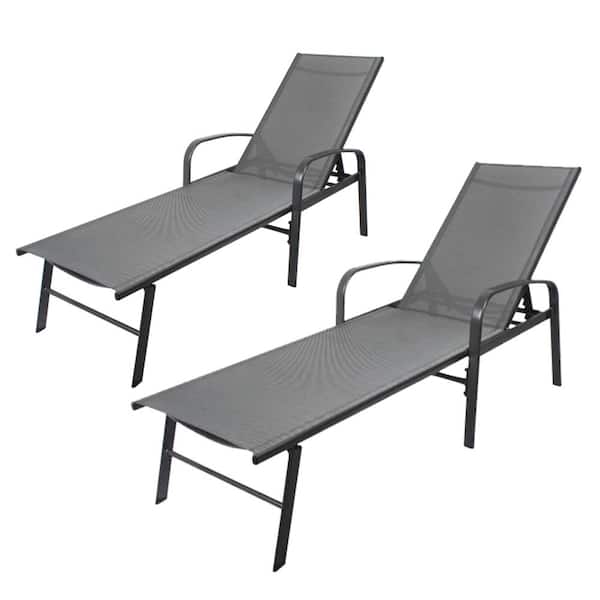 Unbranded 2 Pieces Gray Steel Outdoor Lounge Chair Patio Lounge with 5-Adjustable Positions and Pillow for Outside Lawn Yard Patio