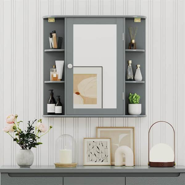 6.5 in. x 25 in. x 26 in. Gray Multipurpose Wall Surface Mount Bathroom Storage Medicine Cabinet with Mirror