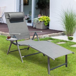 Gray Metal Outdoor Folding Chaise Lounge Chair with Pillow