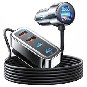 Car USB Charger Multi Port 108-Watt Fast USB C Car Charger PD 36-Watt & QC3.0 Cigarette Lighter in Black w/5 ft. Cable