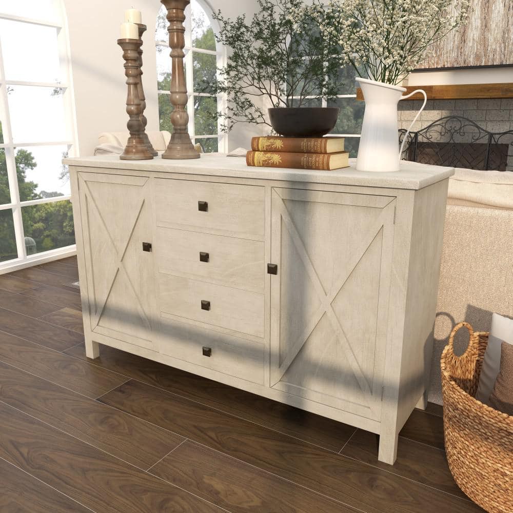 Daisy White Distressed Farmhouse Sideboard with X-Design Doors