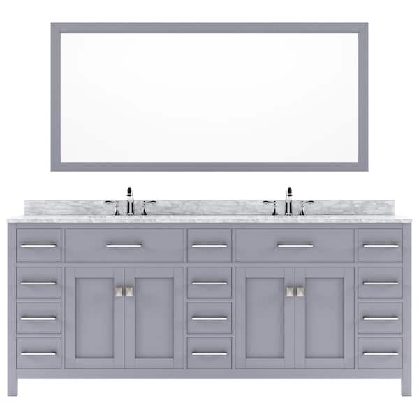Virtu USA Caroline Parkway 78 in. W x 22 in. D x 34 in. H Double Sink Bath Vanity in Gray with Marble Top and Mirror
