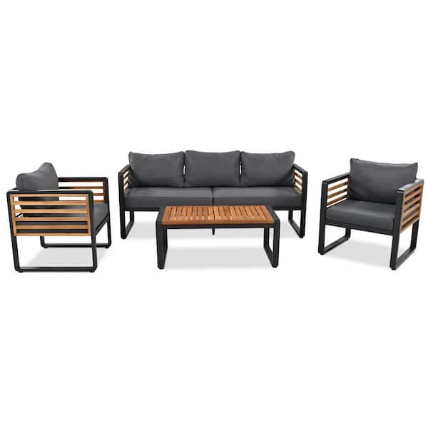 myhomore Large Size 4-pieces Outdoor Furniture Conversation Set for 5 Person, Metal And Wood Frame Sofa set, Gray Thick Cushions