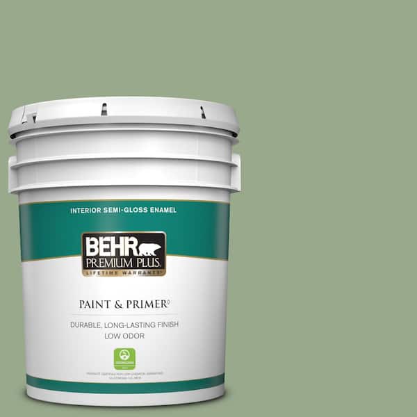 BEHR PREMIUM PLUS 5 gal. #PPU11-05 Pesto Green Semi-Gloss Enamel Low Odor Interior Paint & Primer