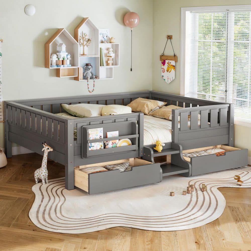 Gray Queen Platform Bed with Safety Staircase and Rails, Built-in Bookshelves and 2 Drawers