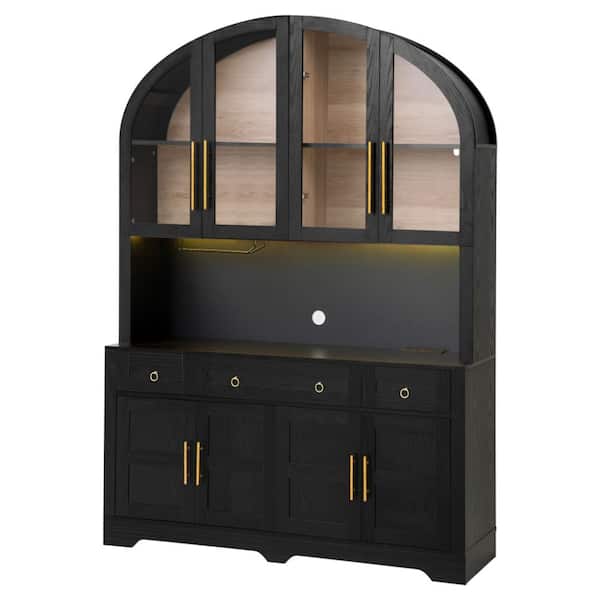 75.8 in Black Tall Arched Kitchen Pantry Organizer Storage Cabinet with Charging Station
