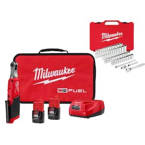 M12 12-Volt FUEL Lithium-Ion 1/4 in. High Speed Cordless Ratchet Kit with SAE + Metric Mechanics Tool Set (51-Piece)