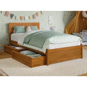 Wesley Light Toffee Natural Bronze Solid Wood Frame Twin Platform Bed with Panel Footboard and Storage Drawers