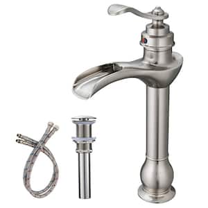 Single Handle Vessel Sink Faucet Single Hole Waterfall Bathroom Tall Faucets with Pop-Up Drain Kit in Brushed Nickel