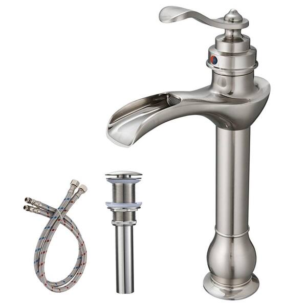 thumbnail interactive-video image 1 of Brushed Nickel Waterfall Bathroom Faucet - 1-Hole Mixer Tap With Drain, Modern Low Lead 1 of 5