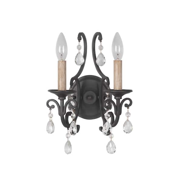 CRAFTMADE Bentley 13.5 in. 2 Light Matte Black Finish Wall Sconce with Decorative Clear Crystal Accents