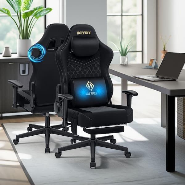 Fabric Gaming Chair with Speakers Ergonomic Computer Chairs with Massage Lumbar Support in Black with Footrest