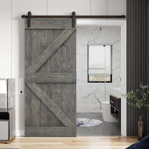 Distressed K 38 in. x 84 in. Weather Gray Stained DIY Solid Pine Wood Interior Sliding Barn Door with Hardware Kit