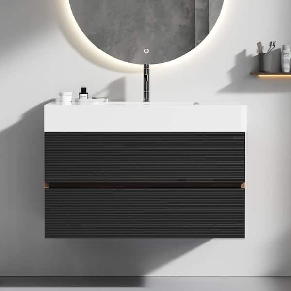 36 in. Single Sink Floating Bath Vanity in Walnut with White Solid Surface Top