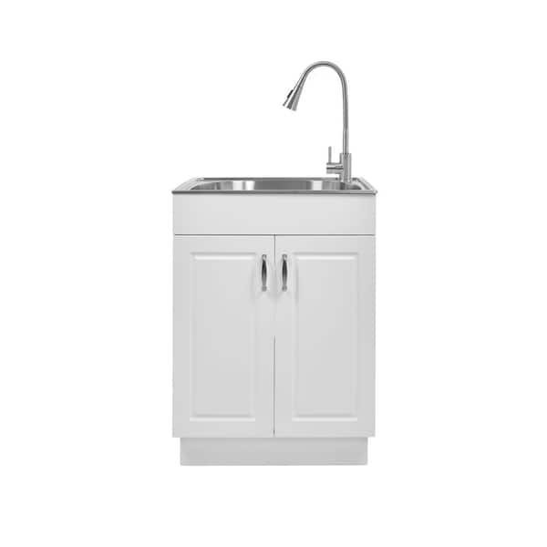 24 in. W x 21 in. D x 34 in. L Stainless Steel Laundry/Utility Sink with Faucet and Cabinet in White