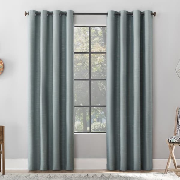 Sun Zero Gelso Textured Linen Polyester Blend Storm Blue 50 in. W x 96 in. L Grommet 100% Blackout Curtain (Single Panel)
